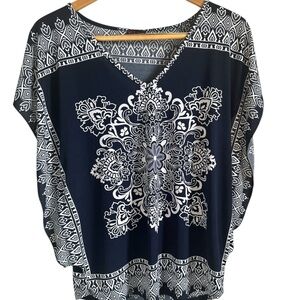 Agenda Navy and White Patterned Blouse